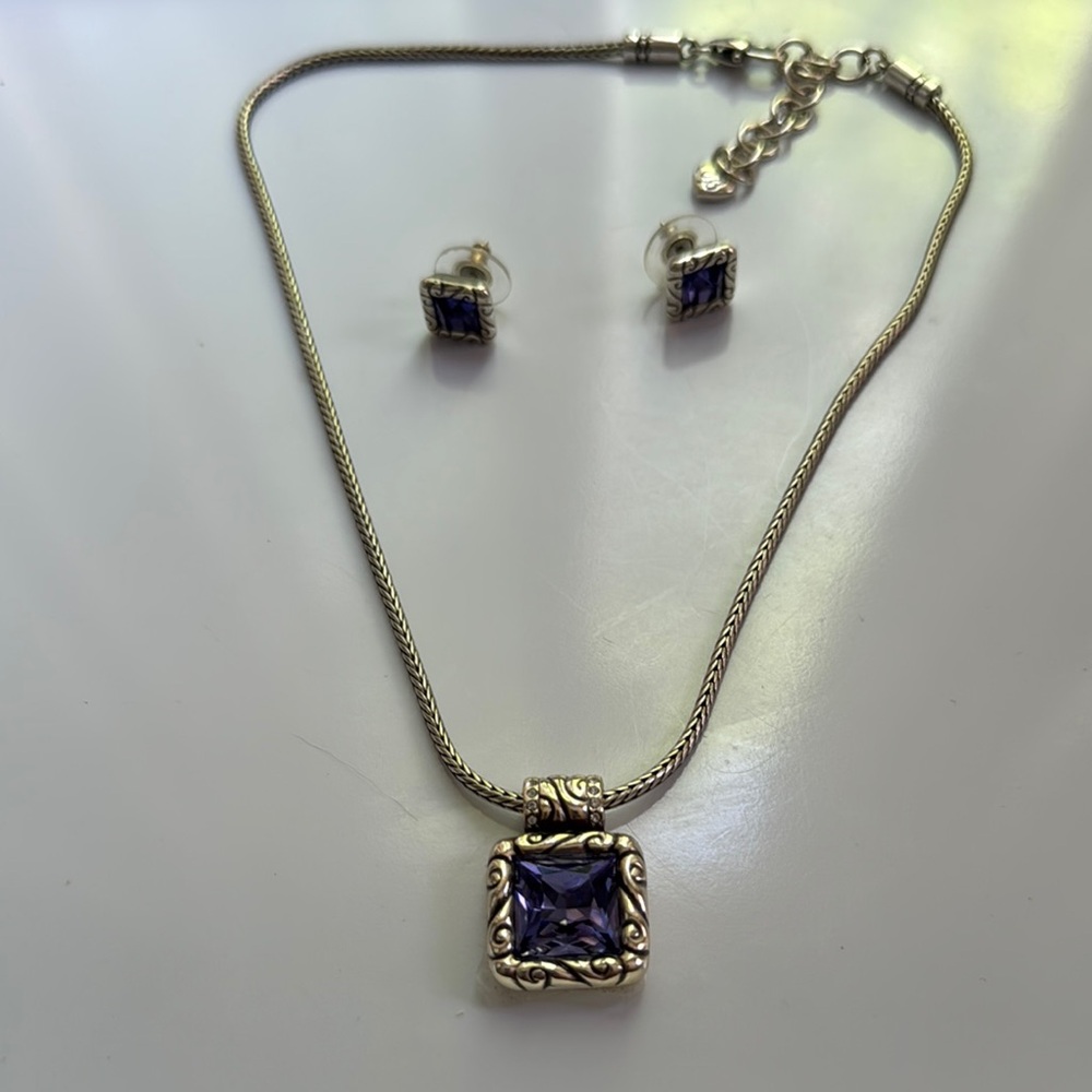 Brighton Regina Silver and Simulated Amythest Necklace and Earrings Set